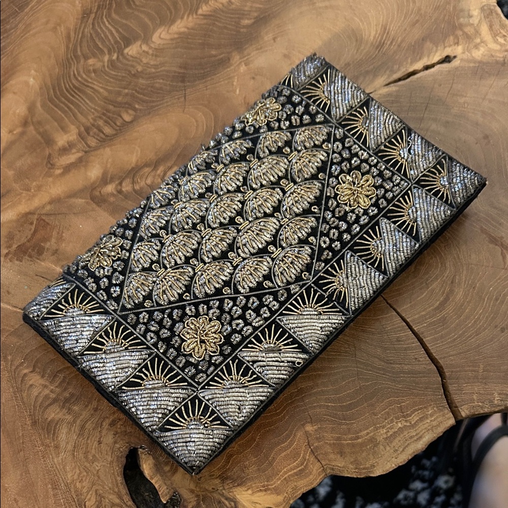 Elegant Vintage Black & Gold Embroidered Clutch